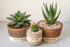 A comparison of three different succulents (e.g., Aloe Vera, Lithops, and Haworthia) with labeled descriptions of their water storage capacities.