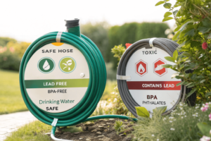 Comparison of a safe drinking water hose and a toxic garden hose with labels showing lead, BPA, and phthalates risks