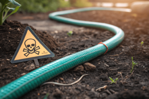 PVC garden hose on soil with warning icon indicating toxicity and environmental harm