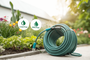 Polyurethane garden hose labeled as eco-friendly, lead-free, and BPA-free, coiled neatly in a garden