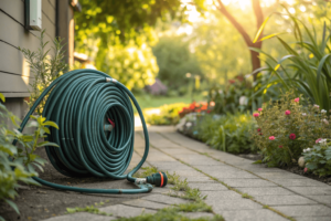 Coiled PVC hose stored in a shaded garden, showcasing durability and proper storage to prevent damage from UV rays, extreme weather, and kinks