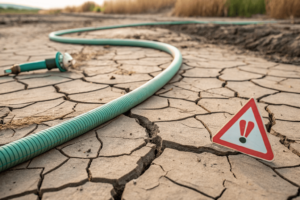 PVC garden hose on soil with warning icon indicating toxicity and environmental harm