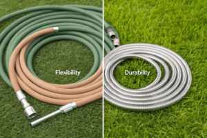 Side-by-side view of a rubber hose and stainless steel hose on a lawn, emphasizing the rubber hose's flexibility and the stainless steel hose's durability and resistance to corrosion