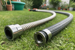 Stainless steel metal hose and rubber hose comparison, highlighting durability and efficiency