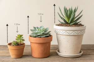 A side-by-side view of succulents in different pot sizes (small, medium, and large) and materials (clay, plastic, ceramic), with arrows indicating how quickly each dries out.