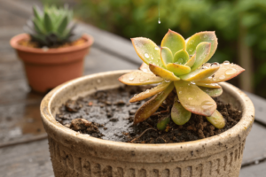 A small succulent plant with signs of overwatering—yellowing leaves and soggy soil in a simple pot, contrasting with a healthy succulent next to it.