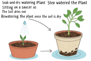 A step-by-step illustration of the soak-and-dry method, showing watering until drainage and waiting for the soil to dry before rewatering.