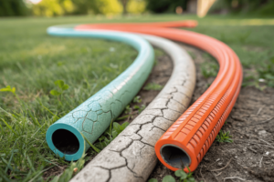 Comparison of a flexible silicone hose and a worn rubber hose, highlighting durability, flexibility, and heat tolerance